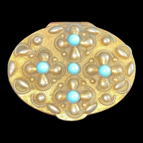 Antique Gold-Tone Brass Trinket Box With Turquoise Accents & Floral Design - Picture 2 of 9